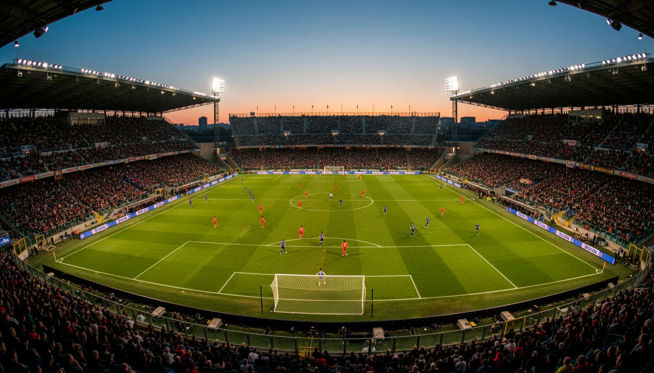 Stadio di calcio italiano illuminato durante una partita di Serie A