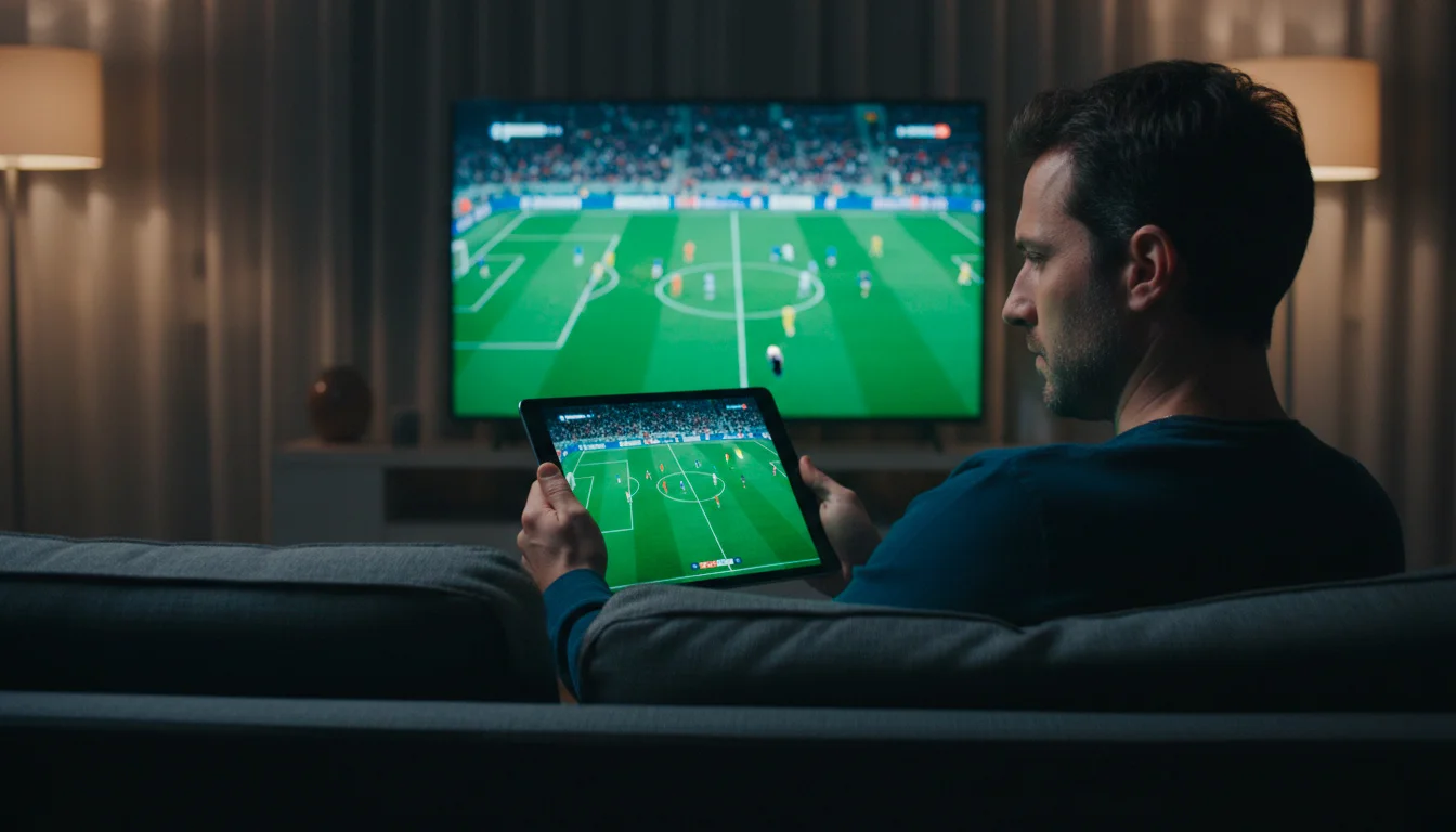 Tifoso che segue partita di calcio in diretta su tablet con scommesse live